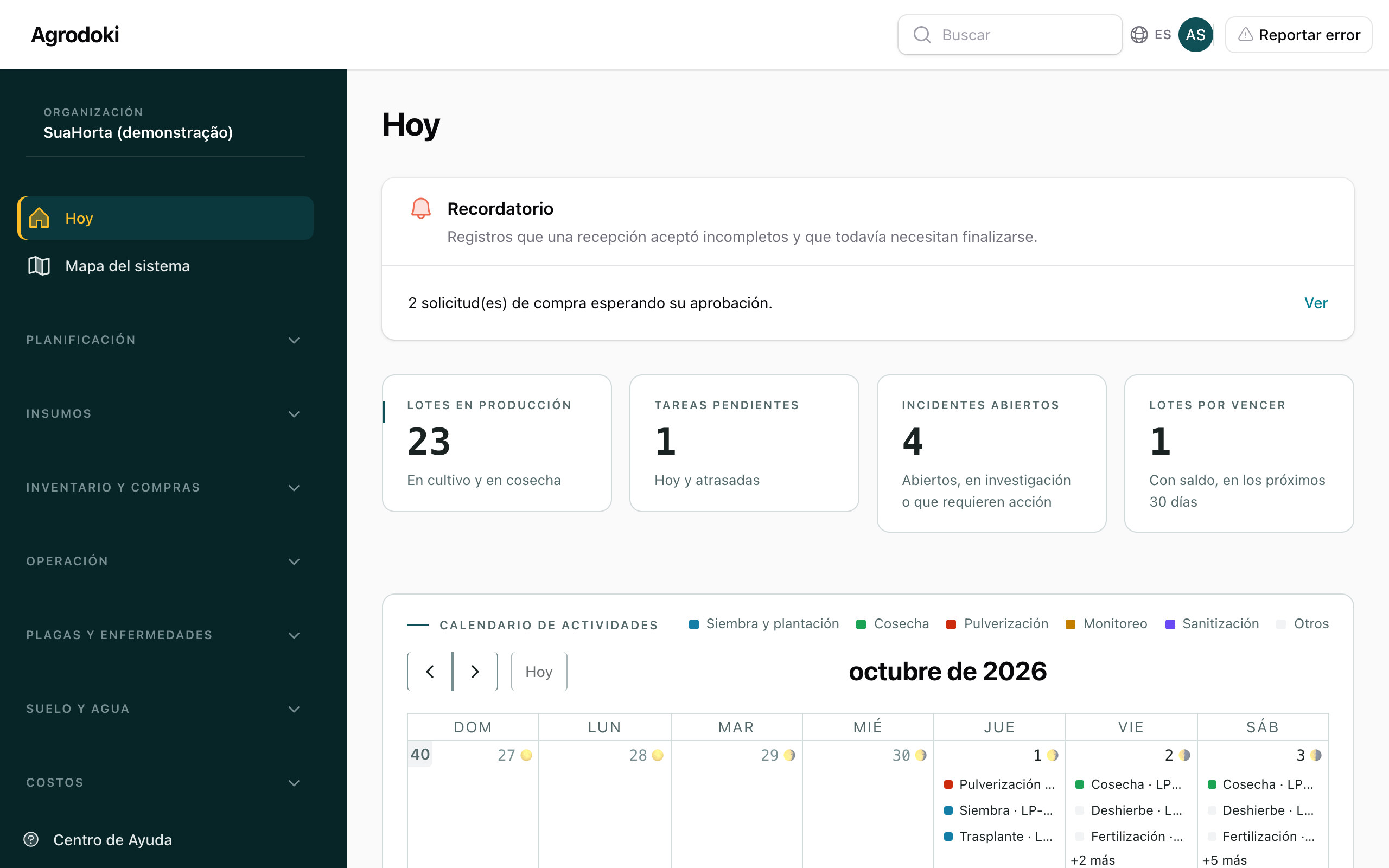 Pantalla Hoy de AgroDoki con prioridades, tareas del día y lotes en producción (datos de demostración)